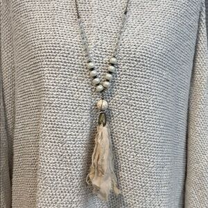 Bohemian Cream Beaded Necklace with‎ Fabric Tassel